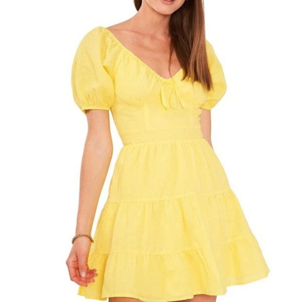 Chelsea & Violet Buttercup Yellow Linen Blend Tiered Puff Sleeve Mini Dress M - Picture 1 of 6